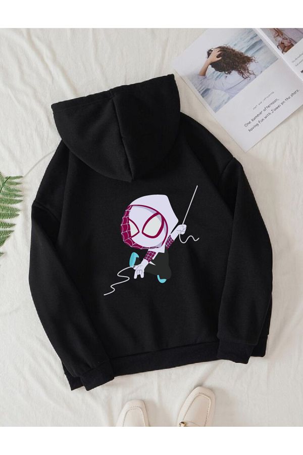 donamod-Black Women's Spiderman Hooded Hoodie Sweatshirt 1