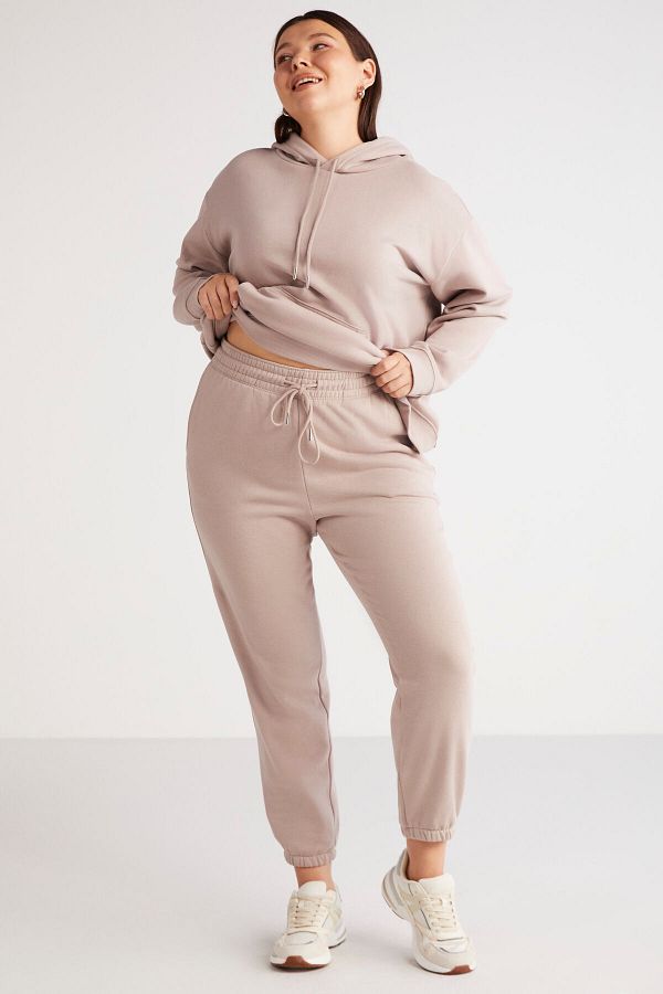 ETHIQUET Lenkabb Women s Pink Plus Size Sweatpants with Fleece Comfort Fit Elastic Waist and Legs Trendyol