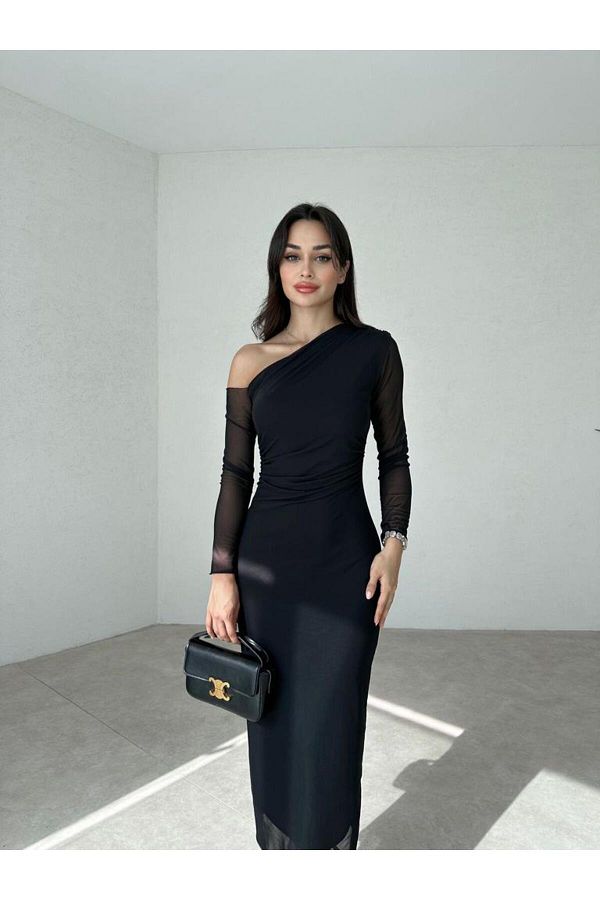 manana fashion One Shoulder Sleeve Tulle Detail Midi Elegant Dress ...