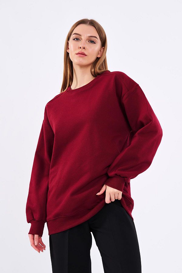 mmetalic Claret Red Women s Cotton Oversize Basic Crew Neck Sweatshirt Trendyol