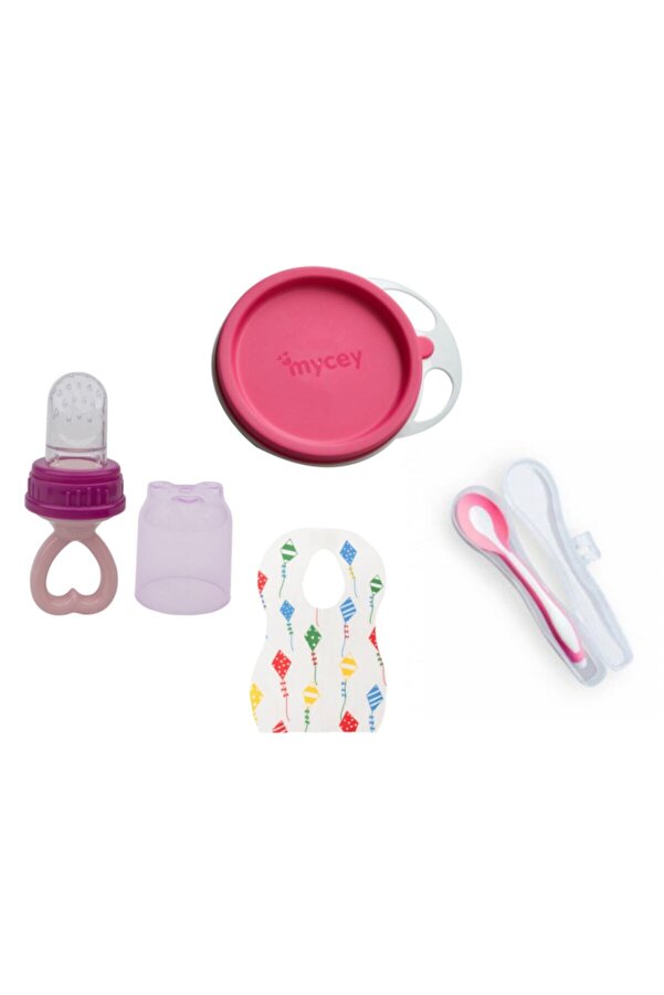 mycey 4'lü Beslenme Seti Pembe (mama Tabağı + Kutulu Mama Kaşığı+silikon Meyve Emziği+önlük)