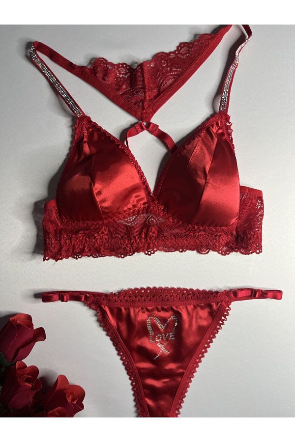 Lunary-Butterfly Model Red Satin Bra Panties Set - Women's Underwear 1