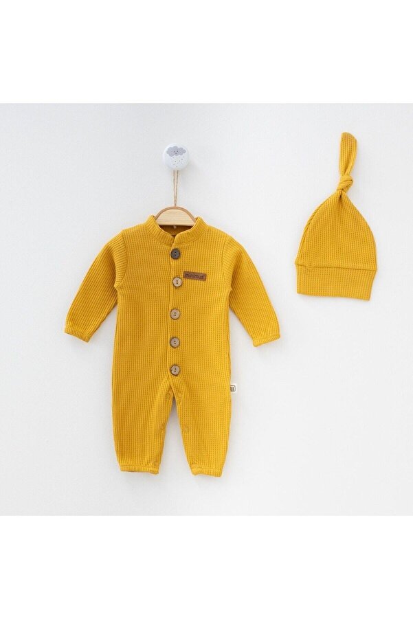 Minimus Yenidoğan Kız-erkek Bebek Waffle Düğmeli Tulum Ve Şapka Takım Yeni Doğan Bebek Hastane Çıkışı Hardal