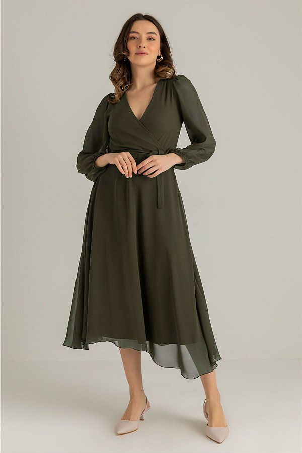 Elbise Delisi-Khaki Balloon Sleeve Double Breasted Midi Length Chiffon Lined Plus Size Dress Sk 1