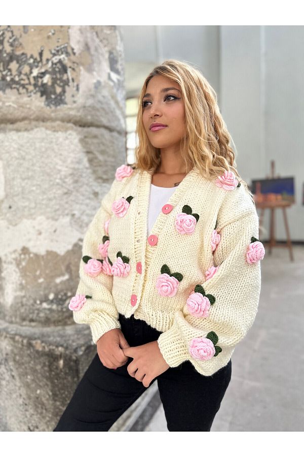EMAKROME-HAND KNITTED PINK ROSE WOMEN'S CARDIGAN 1