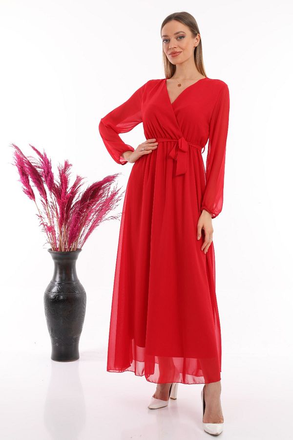zks grup tekstil-Red Double-breasted Collar Belted Plus Size Chiffon Dress 1