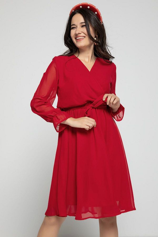 zks grup tekstil-Red Double Breasted Collar Short Lined Plus Size Chiffon Dress 1