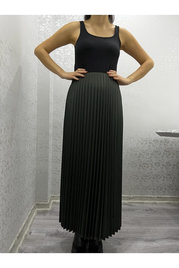 520CK WOMEN S LEATHER LOOK PLEATED LONG SKIRT Trendyol