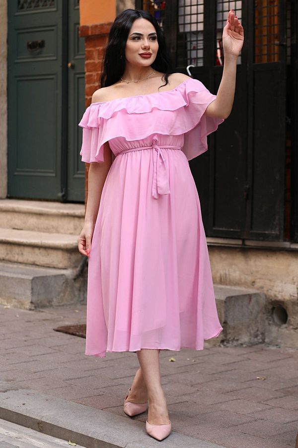 Elbise Delisi Pink Madonna Ruffle Collar Plus Size Chiffon Dress Trendyol