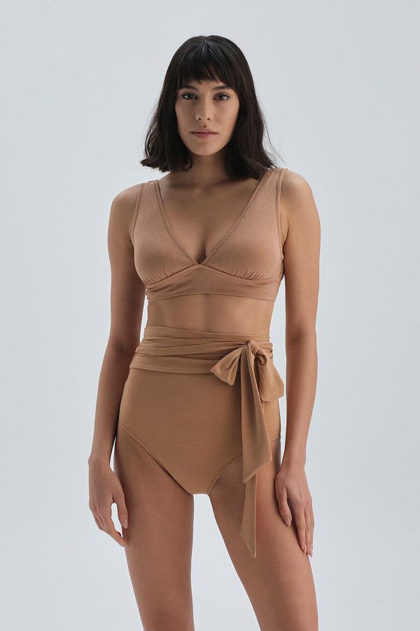 Dagi-Kamelfarbenes, glattes Bikiniunterteil mit hoher Taille 1