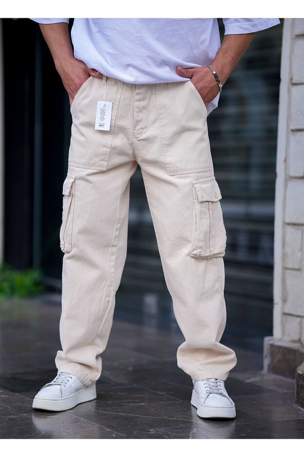 Tarz Cool-Pantaloni largi cu buzunar cargo pentru bărbați, culoare crem 1