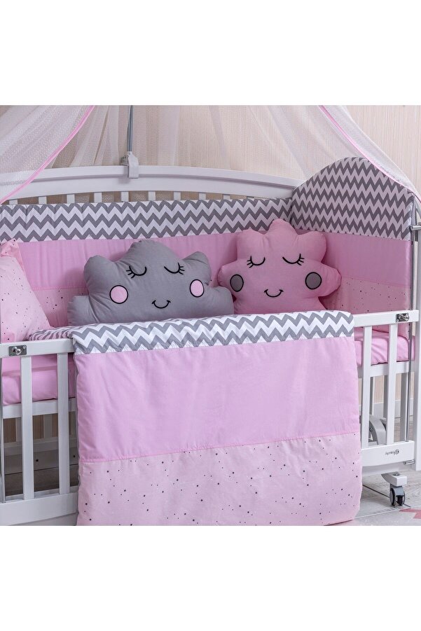 Mini Baby Bebek Uyku Seti Figürlü Pembe Cibinliksiz 9 Parça Bebek Uyku Seti