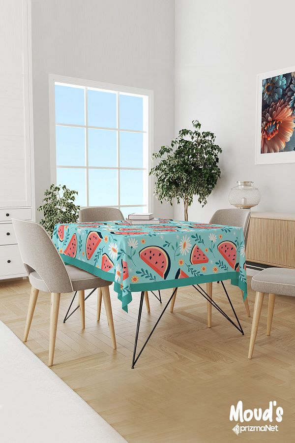 Moud's-Turquoise Watermelon and Daisy Patterned Suede Carefree Tablecloth 1