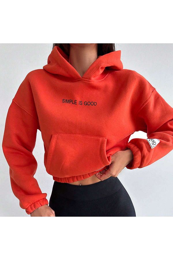 Mood Lab Crop Hooded 3 Thread Orange Raised Sweatshirt Trendyol