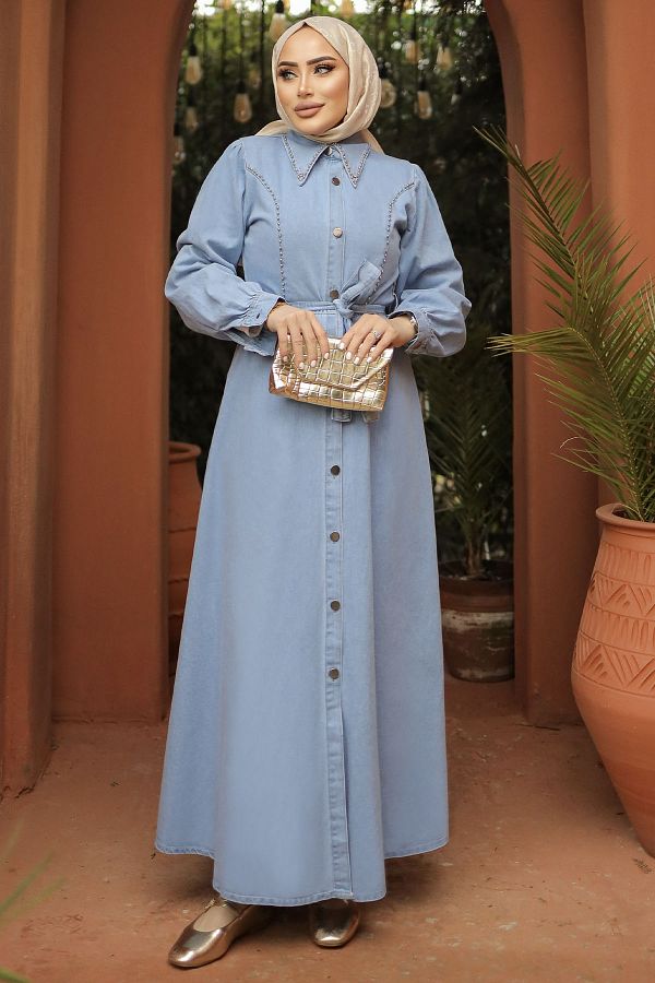 InStyle-Bead Detailed Belted Denim Dress - Light Blue 1