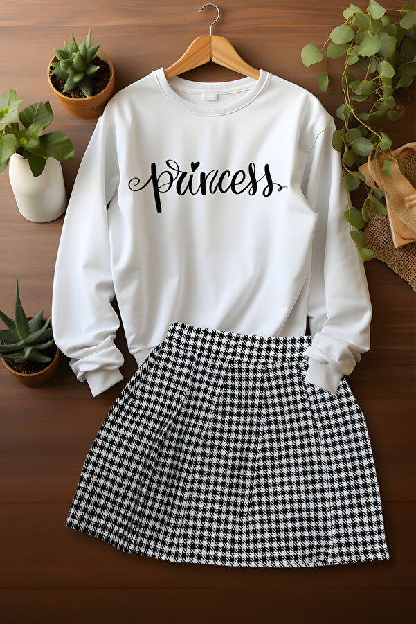 ADA BEBEK ÇOCUK Tarz Ekose Etek Princes Desenli Sweat Etek Alt Üst Takım