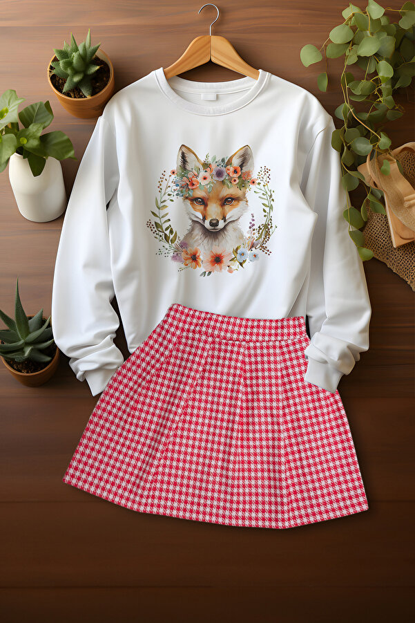 ADA BEBEK ÇOCUK Tarz Ekose Etekli Sevimli Desenli Sweat Etek Takım