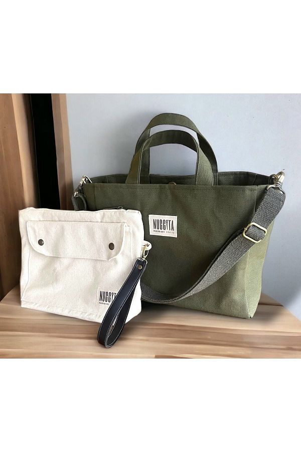 Nuggita-Medium Size Khaki Linen Canvas Crossbody Handbag and Organizer / Clutch Set 1