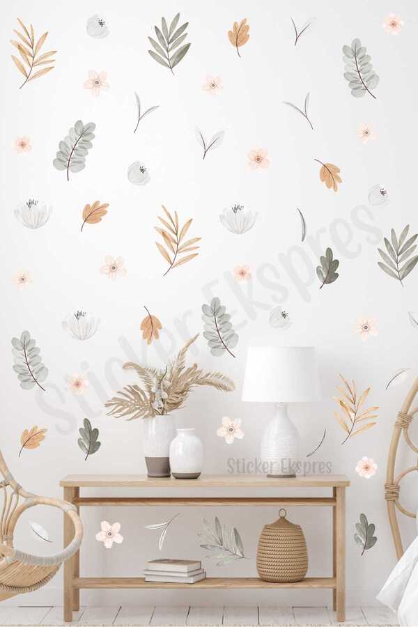 Sticker Ekspres Boho Çayır Çiçekleri Ve Yapraklar Duvar Sticker Seti