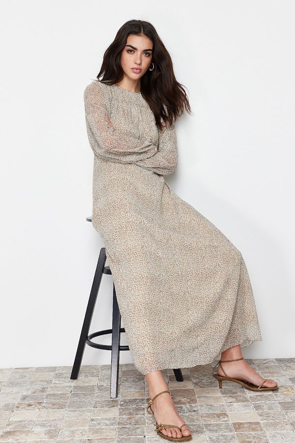 Trendyol Modest-Коричнева ткана сукня з квітковим візерунком на підкладці TCTSS24EB00081 1