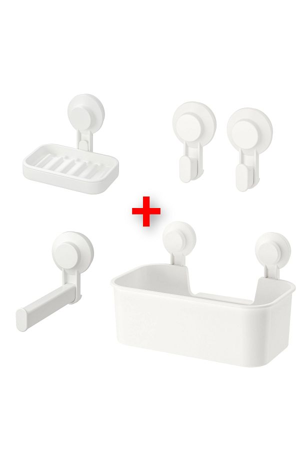 IKEA 4 Piece Suction Cup Bathroom Set Ikea Shower Basket Soap Dish 2 Piece Hanger and Toilet Paper Holder White Plastic Trendyol