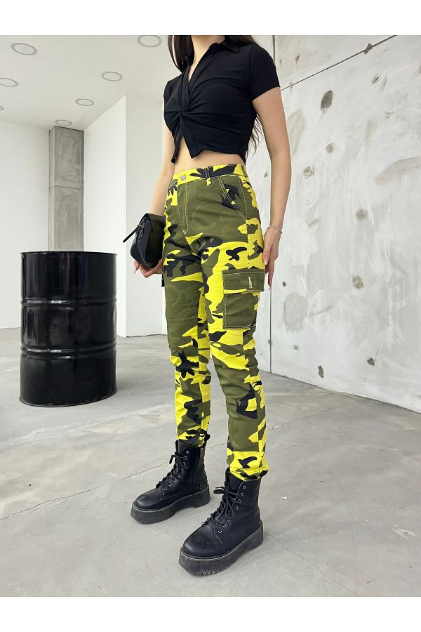 B KEL FE Yellow Camouflage Pattern Cargo Pocket Gabardine Trousers Trendyol