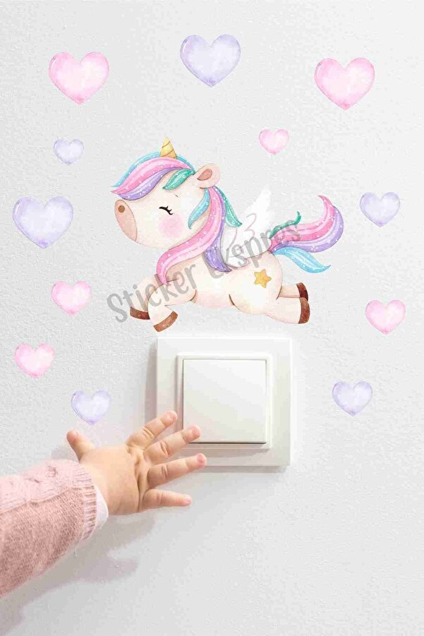 Sticker Ekspres Sevimli Unicorn Ve Kalpler U3 Priz Üstü Sticker