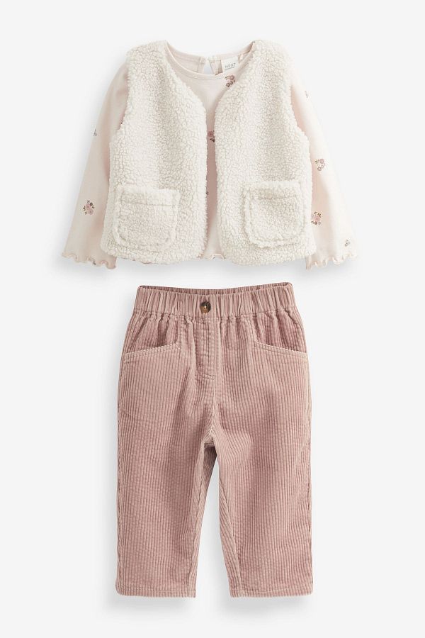 Next Baby-Pantaloni din velur ecru din bumbac Jachetă de pluș Borg Body 3 piese Partea de jos și de sus 1
