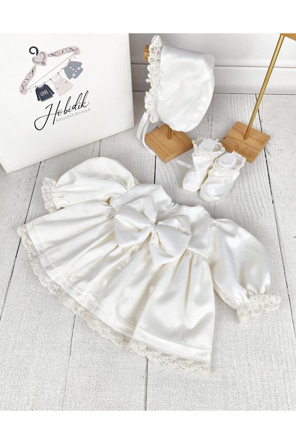 Hobidik Baby Girl Cream Laced Apron Dress Set Trendyol