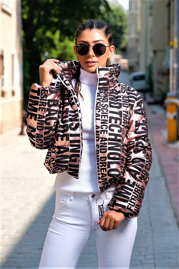 Markano Rose Color Bright Lettering Stand Collar Waterproof Short Puffer Jacket Trendyol