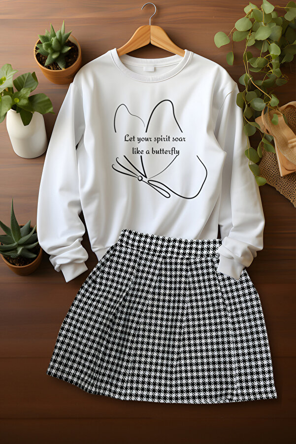 ADA BEBEK ÇOCUK Tarz Ekose Etek Kelebek Desenli Sweat Etek Alt Üst Takım