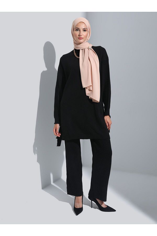 Refka-Doppeltes Strick-Set aus Tunika und Hose mit Bindedetail – Schwarz – 1