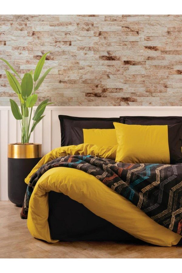 Cotton Box New Season Double Blanket Duvet Cover Set Tidy Mustard Black Trendyol