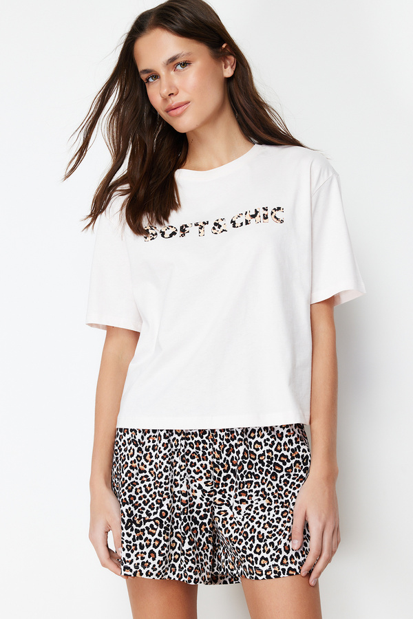 Trendyol Collection-Bílá-vícebarevná 100% bavlna Pletené pyžamo s leopardím potiskem a šortkami THMSS24PT00041 1