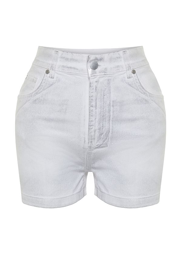 Trendyol Collection White Shiny Metallic Printed Shorts Twoss24Sr00029 Trendyol