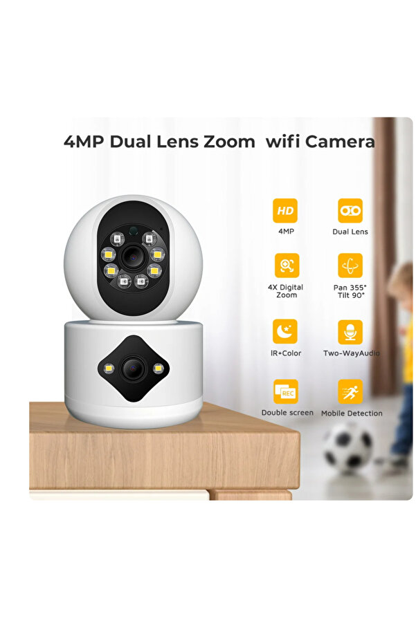 qasul Yeni Nesil 4MP 2 Lensli WiFi Kamera Otomatik İnsan Algılama Evcil Hayvan Ofis Bebek İzleme Kamerası