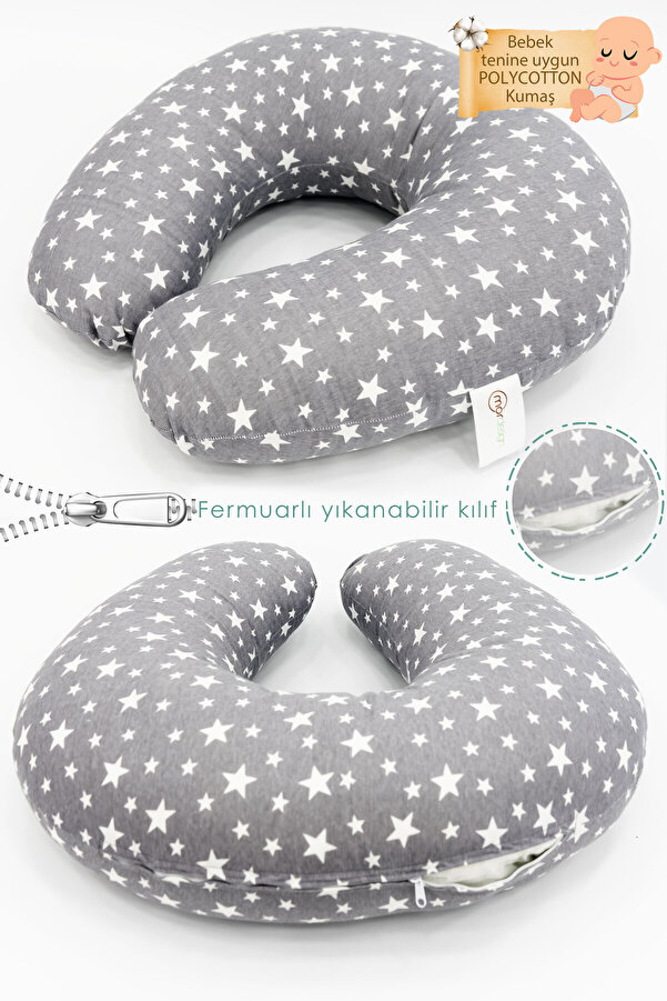 mordesign Çift Taraflı Emzirme Yastığı /bebek Destek Minderi, Hamile Yastığı, Pamuklu Kumaş, Stars, Antrasit