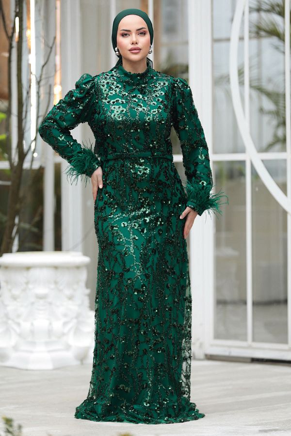 Neva Style Bead Embroidered Emerald Green Hijab Evening Dress 23421ZY Trendyol