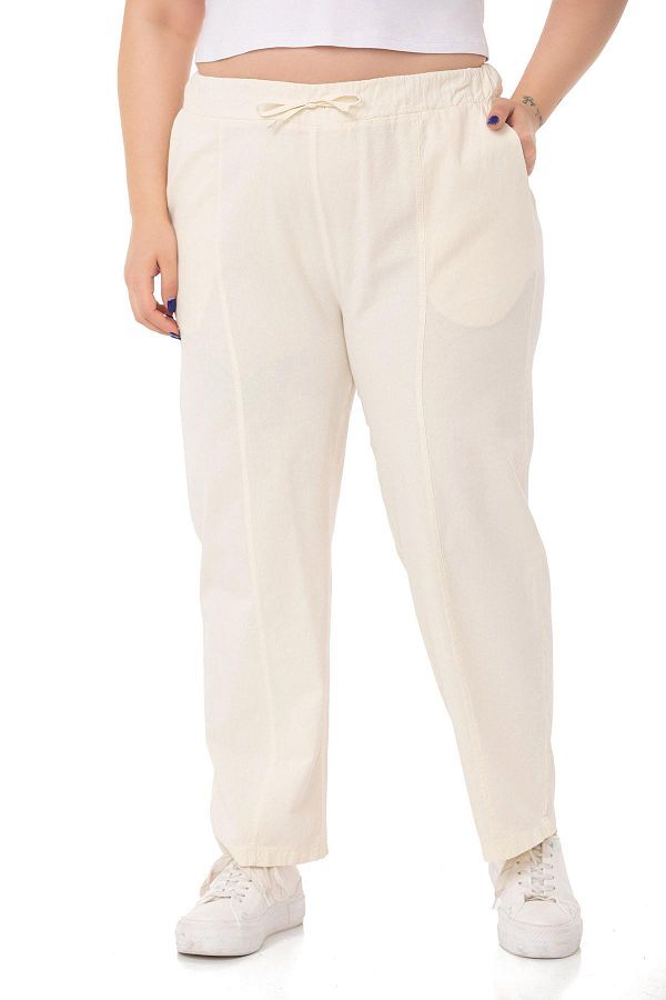 DISENTIS MODEST-Plus Size Ecru Trousers with Elastic Waist and Rope Drawstring Detail 1