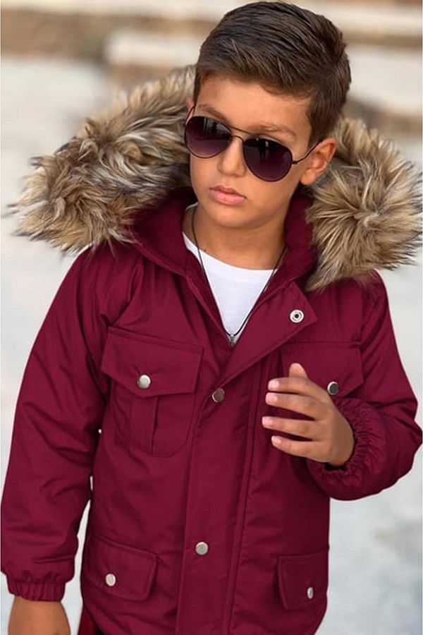 Riccotarz Boy s Double Pocket Detailed Elastic Cuff Removable Fur Hooded Burgundy Coat Trendyol
