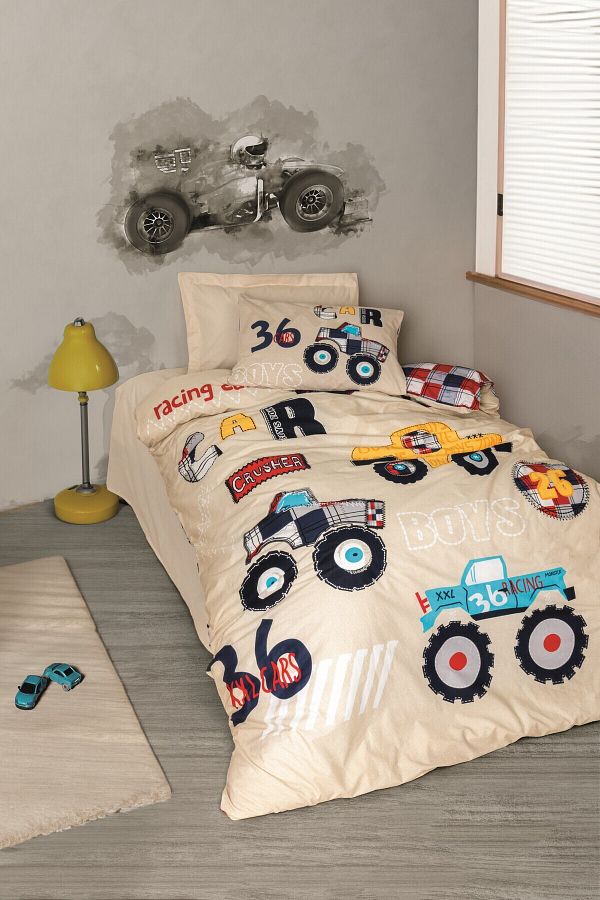 Cotton Box Beige Ranforce 100 Cotton Junior Single Duvet Cover Set Car Pattern Soft Trendyol