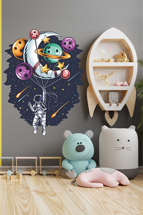 efekt reklam Astronotun Gezegen Balonlarıyla Uzayda Gezmesi Salon - Balkon Ev Duvar Kendinden Yapışkanlı Sticker