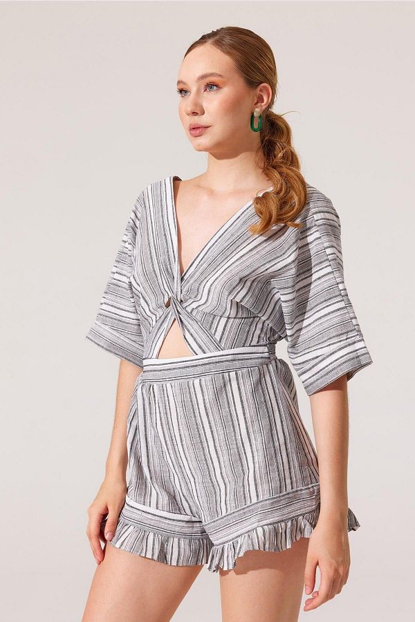 DOSSE BUT K Gray White Striped Half Sleeve Salopet Jumpsuit Dress with Belly and Back Detail Trendyol