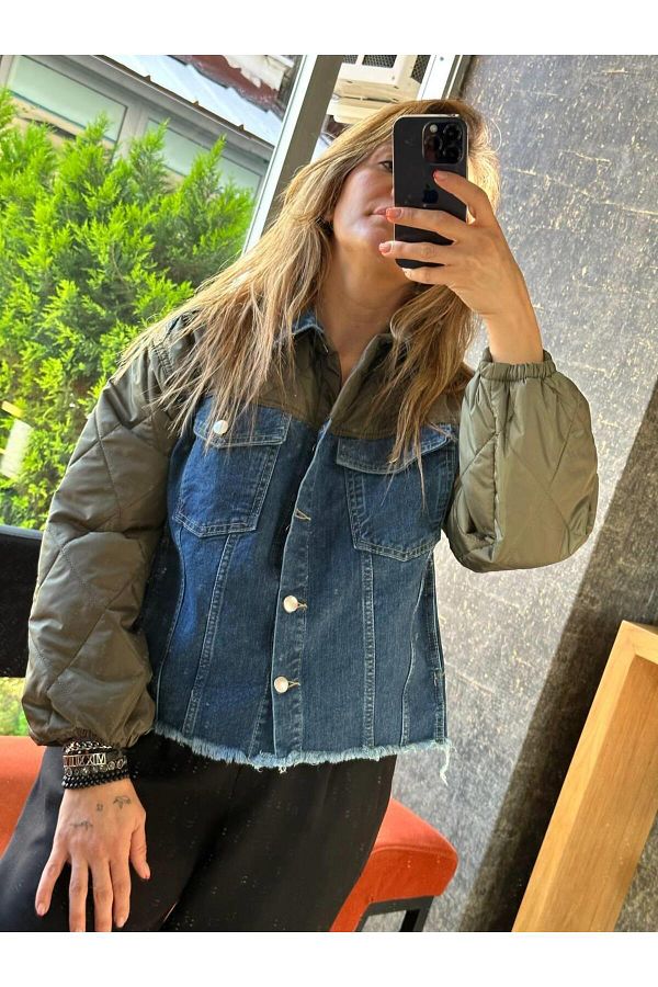 RİVERDİ-Women's Khaki Quilted Detailed Denim Jacket 1