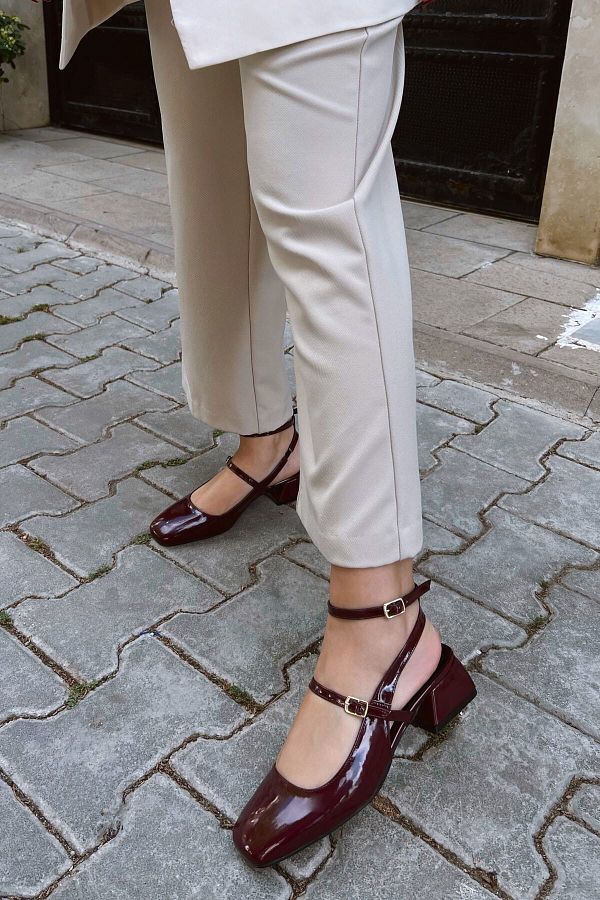POLKA STORE Women s Mary Jane Burgundy Patent Leather Open Back