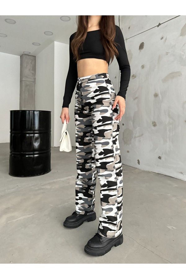 B KEL FE Women s White Camouflage Pattern High Waist Lycra Palazzo Pants Trendyol