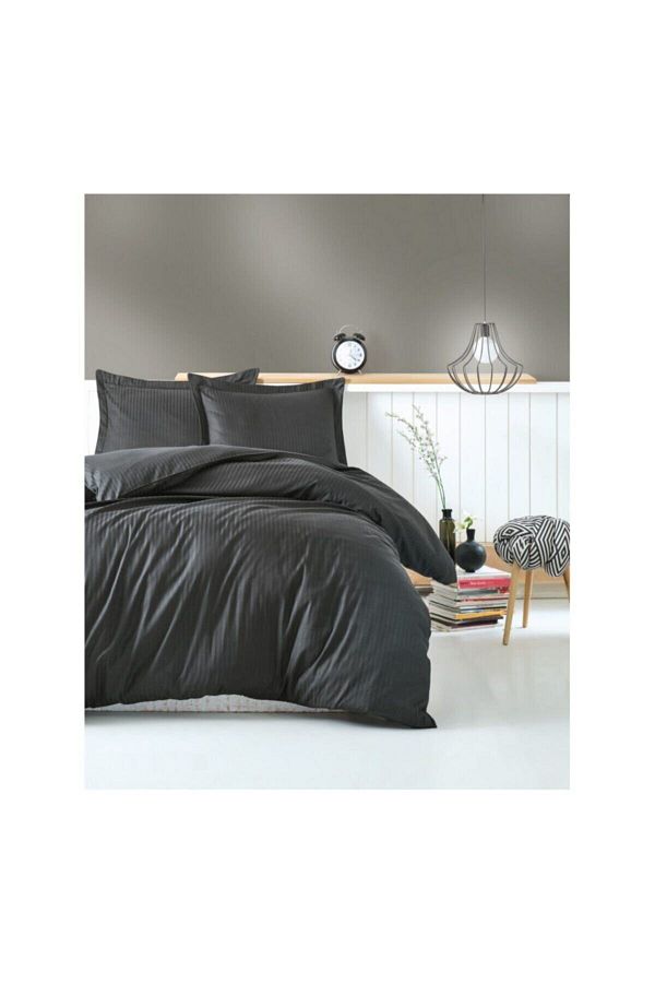 Cotton Box-Σετ Παπλωματοθήκη Ανθρακί Elegant Stipe Satin Διπλή Παπλωματοθήκη 1