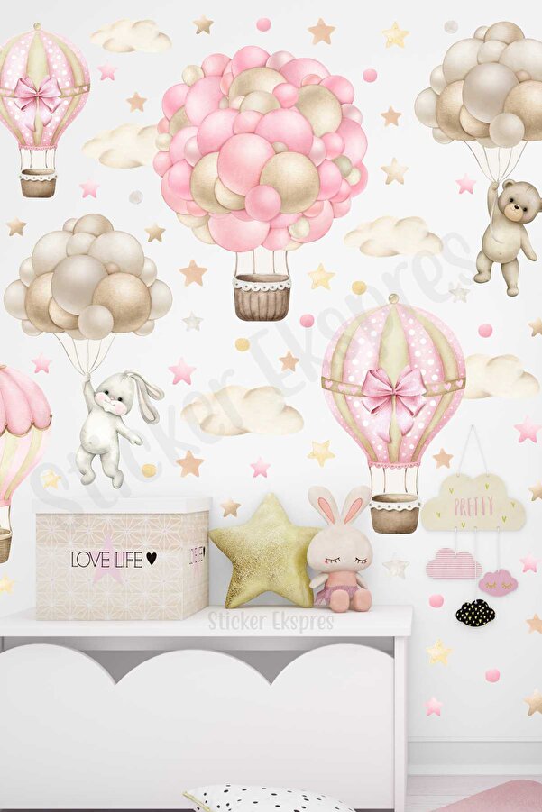 Sticker Ekspres Soft Pembe Bej Tonlarda Uçan Balon Macerası Çocuk Odası Duvar Sticker Seti