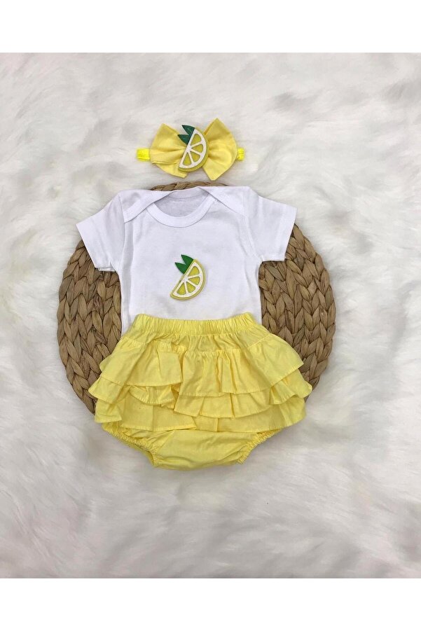 ŞAPKAKİDS Kız Bebek Sarı Şort Limon Desen Zıbın Bandana Set