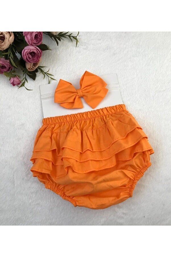 ŞAPKAKİDS Kız Bebek Turuncu Şort Bandana Takım